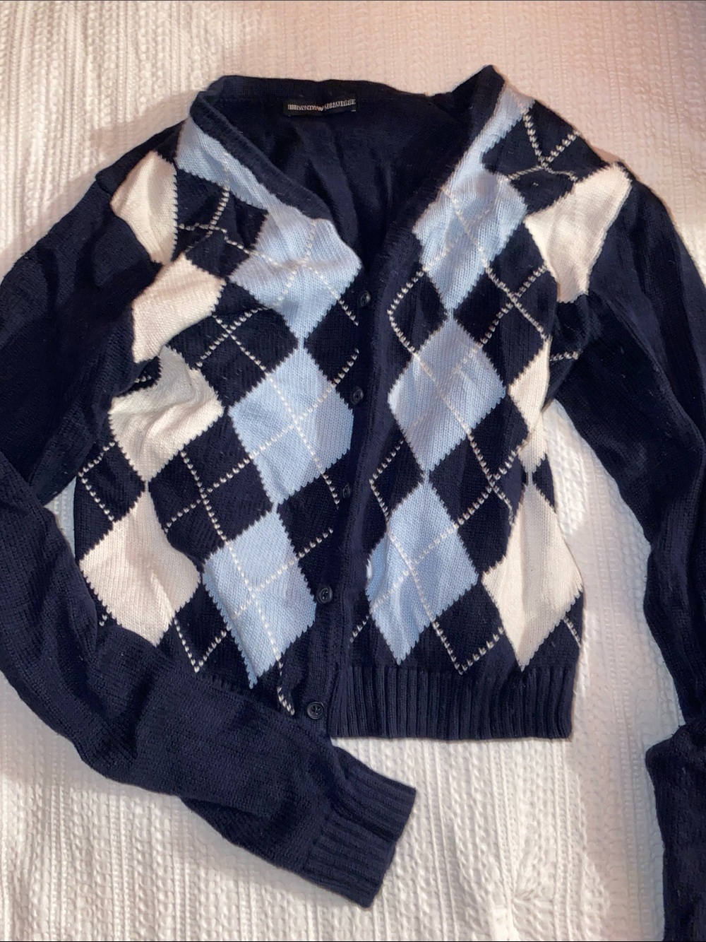 Brandy Melville Navy, Light Blue & White Argyle Button Cardigan